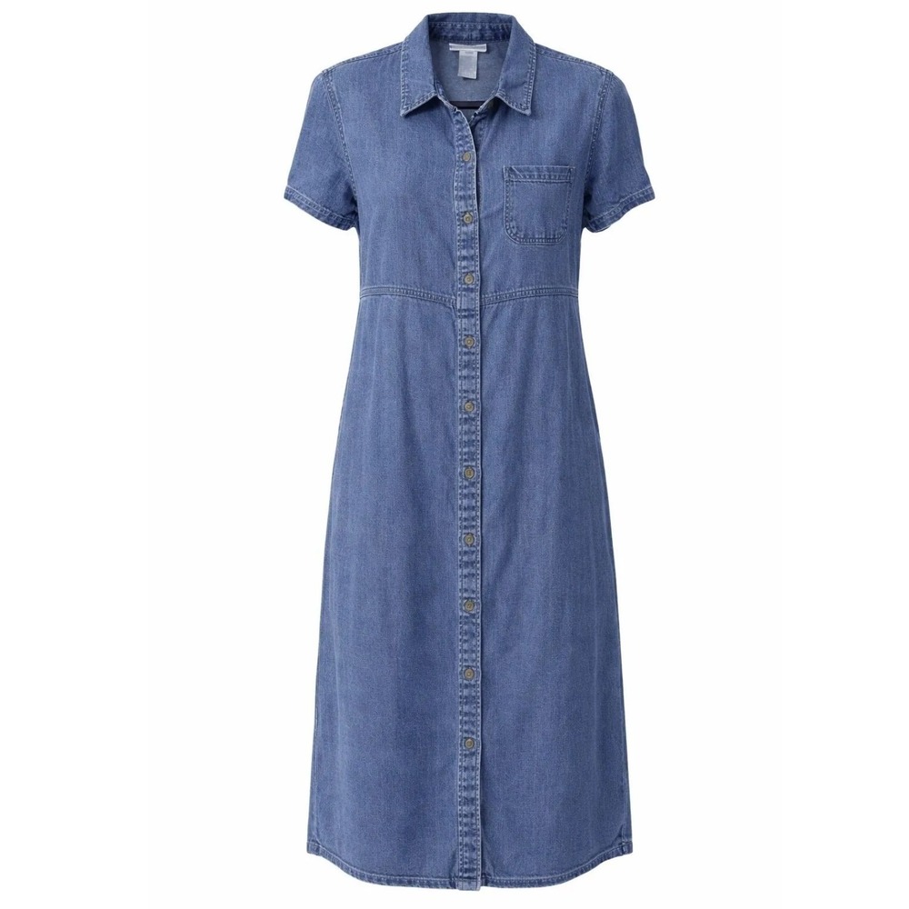 Jones Wear Sport Womens Denim Tencel Shirt Dress Blue Short Sleeve Midi Size 14